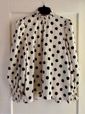 English Factory Cream Blouse with Black Polka Dots and Ruffled Mock Neck